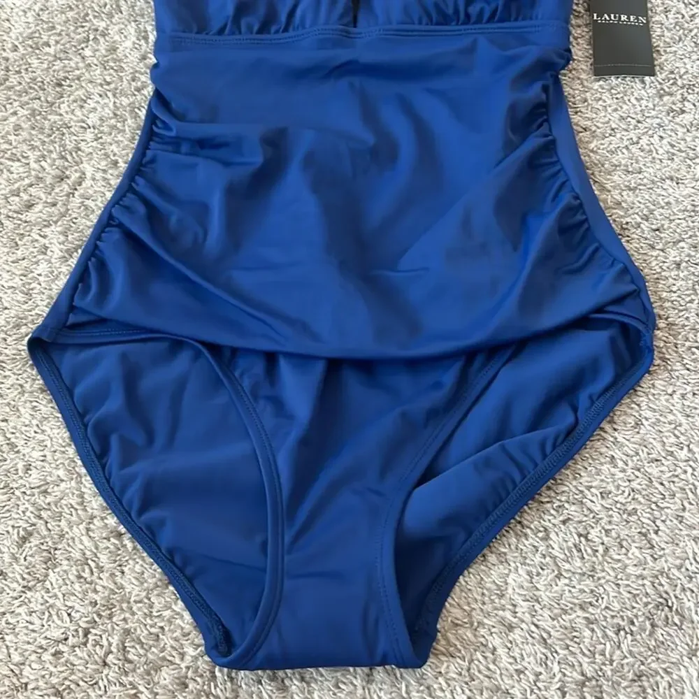 NWT $135 LAUREN Ralph Lauren Plus Sz 14 Sapphire Blue‎ One Piece Swimsuit Halter